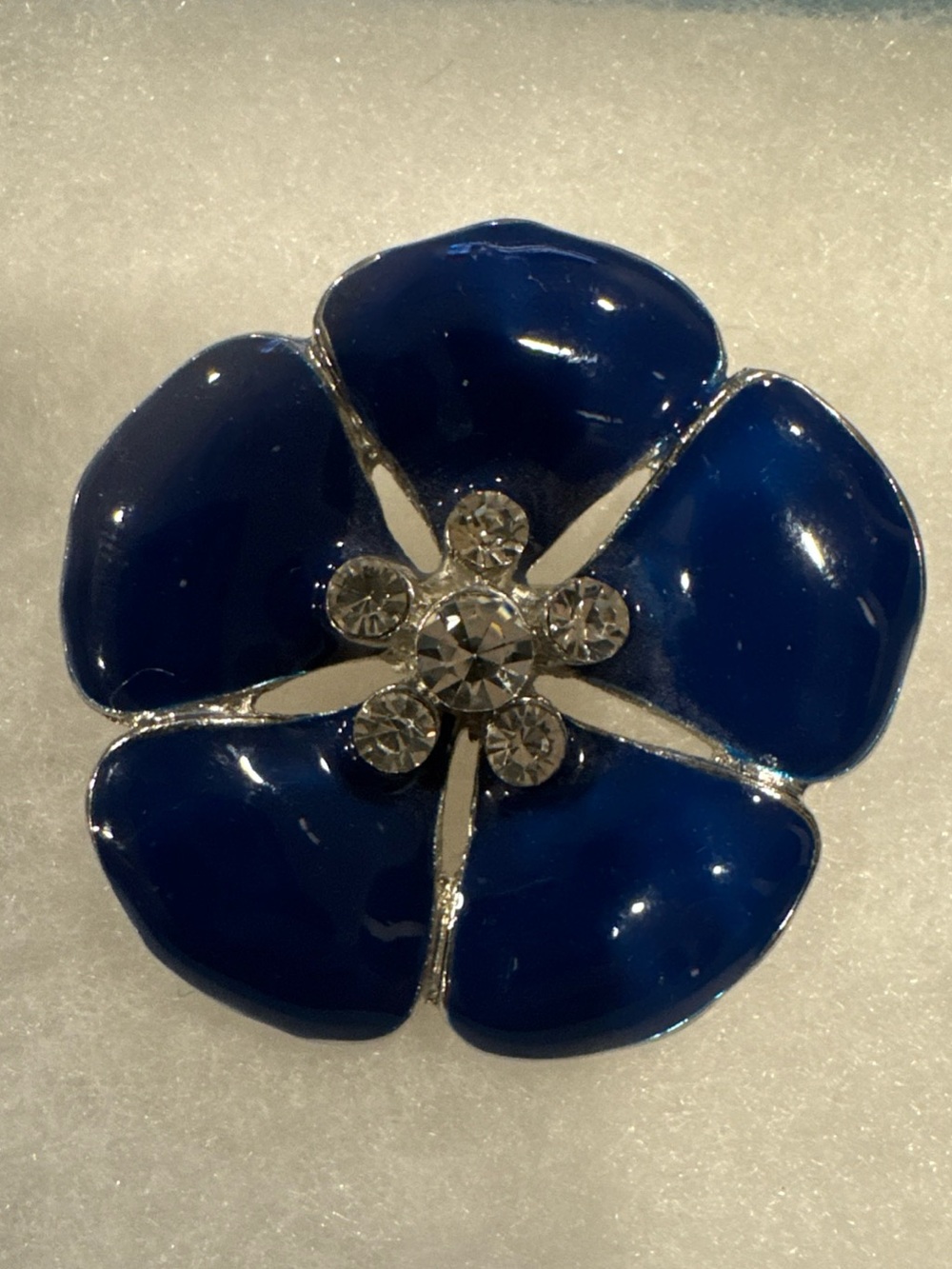 Vintage Royal Blue Enamel Flower Brooch Pin Rhinestone Center SilverTone